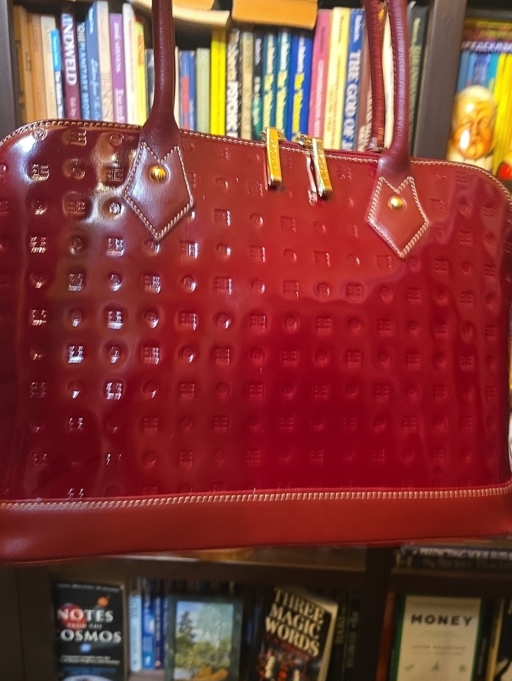 Large Patent Dome Sturdy Handbag in Nano Cherry Red. Italy Made